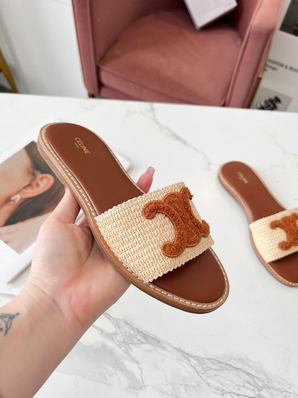 Celine 25C Slippers Beige mix Brown Fabric with Calfskin 238152