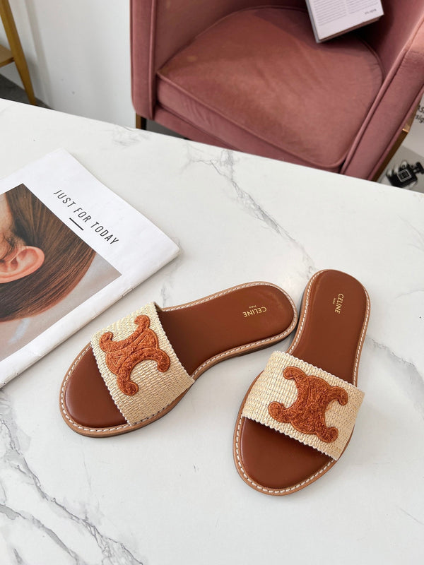 Celine 25C Slippers Beige mix Brown Fabric with Calfskin 238152