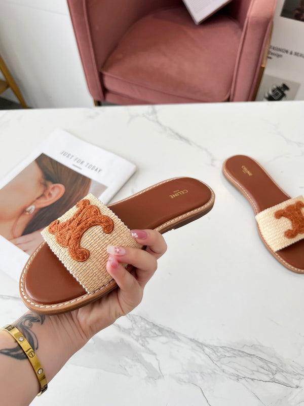 Celine 25C Slippers Beige mix Brown Fabric with Calfskin 238152