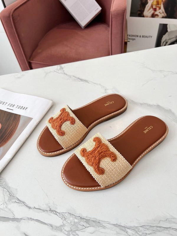 Celine 25C Slippers Beige mix Brown Fabric with Calfskin 238152