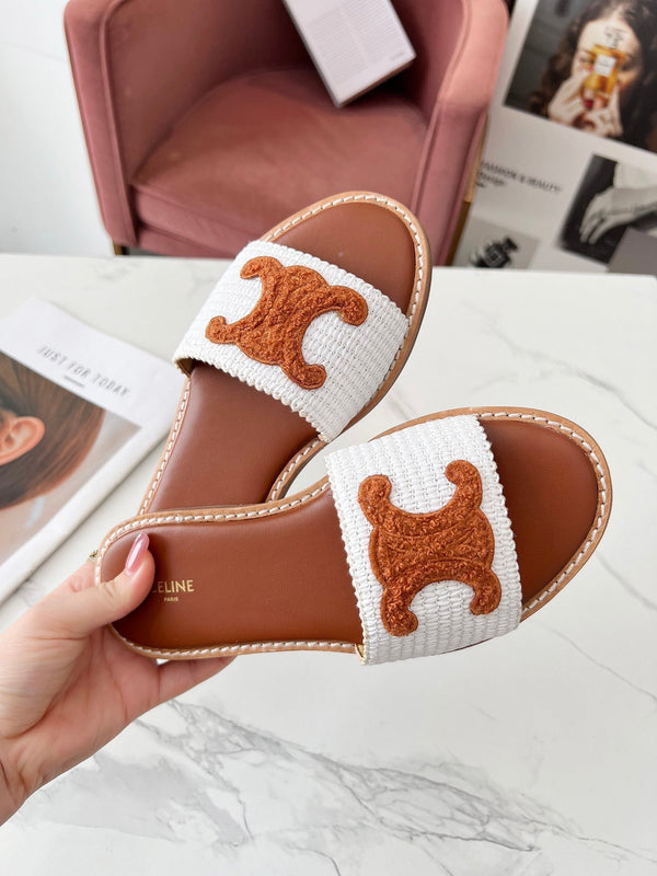 Celine 25C Slippers White mix Brown Fabric with Calfskin 238153