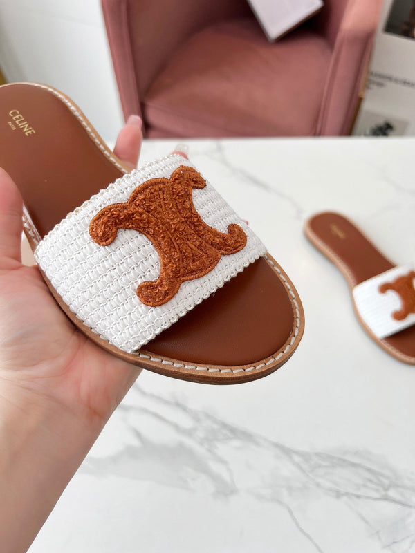 Celine 25C Slippers White mix Brown Fabric with Calfskin 238153