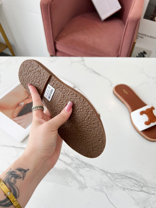Celine 25C Slippers White mix Brown Fabric with Calfskin 238153