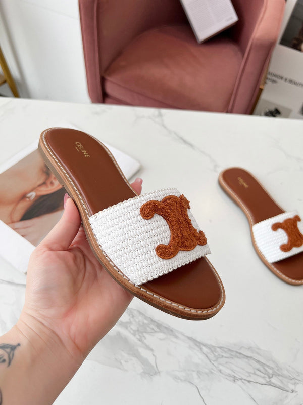 Celine 25C Slippers White mix Brown Fabric with Calfskin 238153