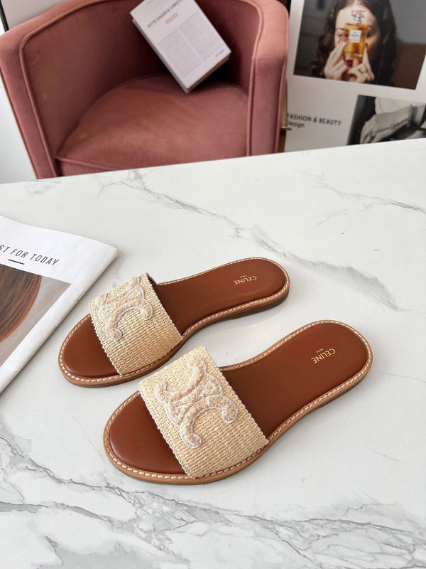 Celine 25C Slippers Beige Fabric with Calfskin 238154