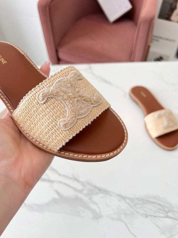 Celine 25C Slippers Beige Fabric with Calfskin 238154