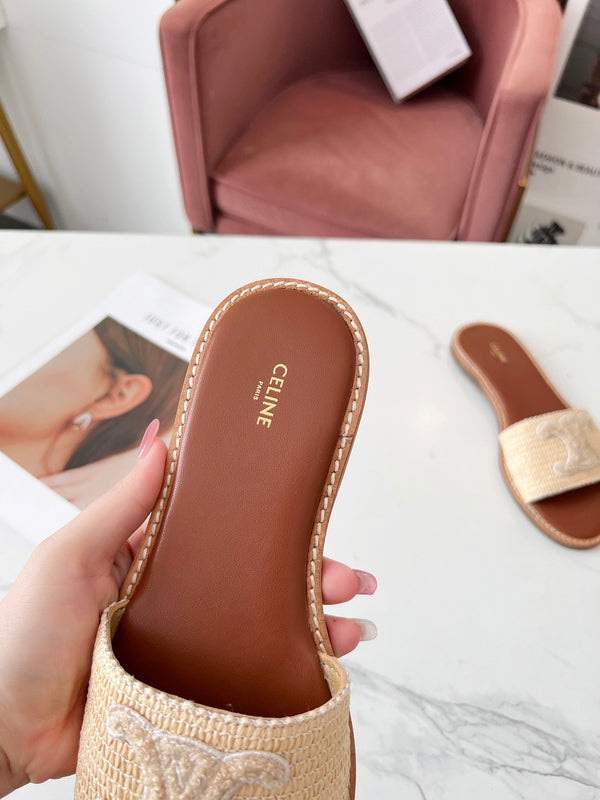 Celine 25C Slippers Beige Fabric with Calfskin 238154