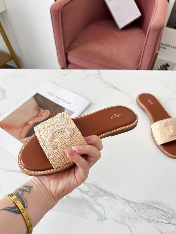 Celine 25C Slippers Beige Fabric with Calfskin 238154