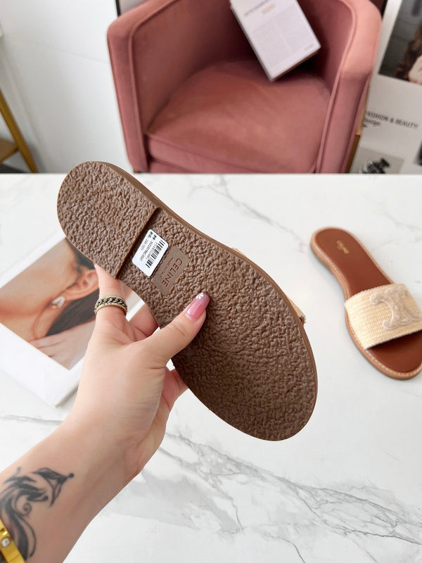 Celine 25C Slippers Beige Fabric with Calfskin 238154