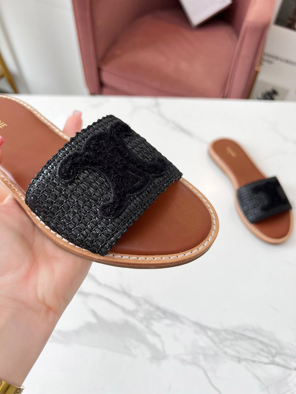 Celine 25C Slippers Black Fabric with Calfskin 238155