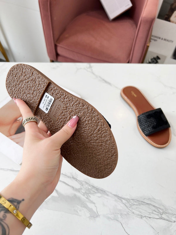 Celine 25C Slippers Black Fabric with Calfskin 238155