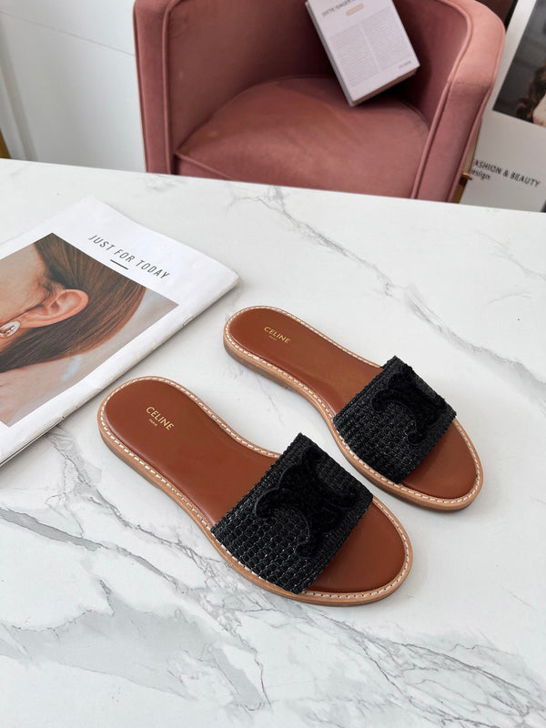 Celine 25C Slippers Black Fabric with Calfskin 238155