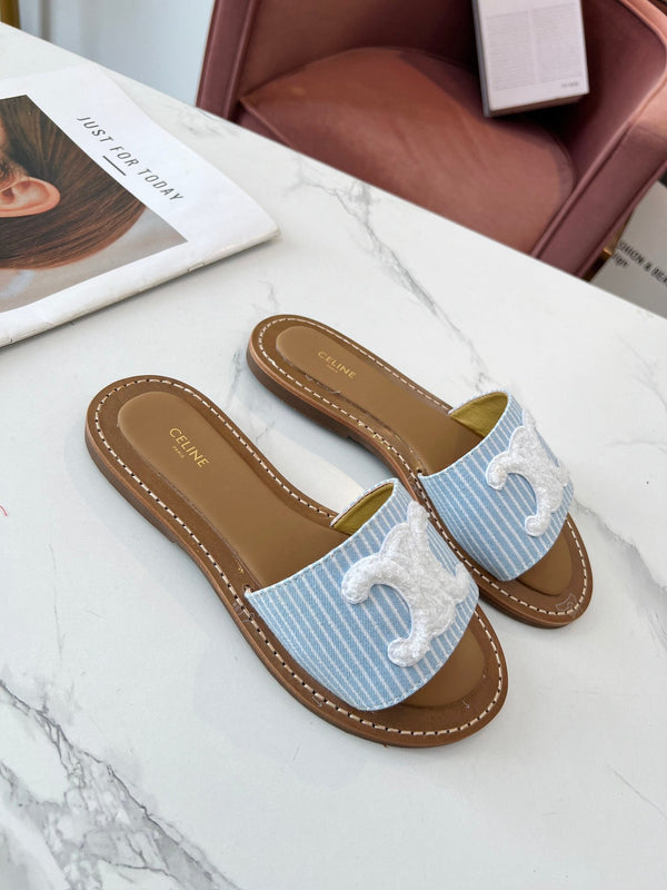 Celine 25C Slippers Baby Blue mix White Fabric with Calfskin 238165