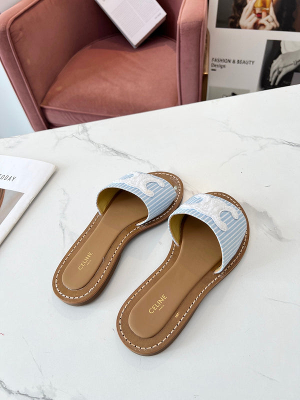 Celine 25C Slippers Baby Blue mix White Fabric with Calfskin 238165