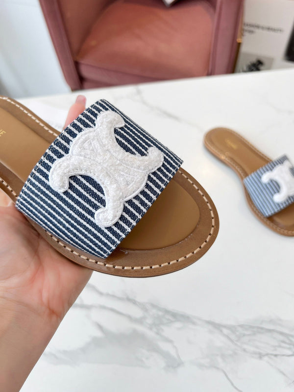 Celine 25C Slippers Navy Blue mix White Fabric with Calfskin 238166