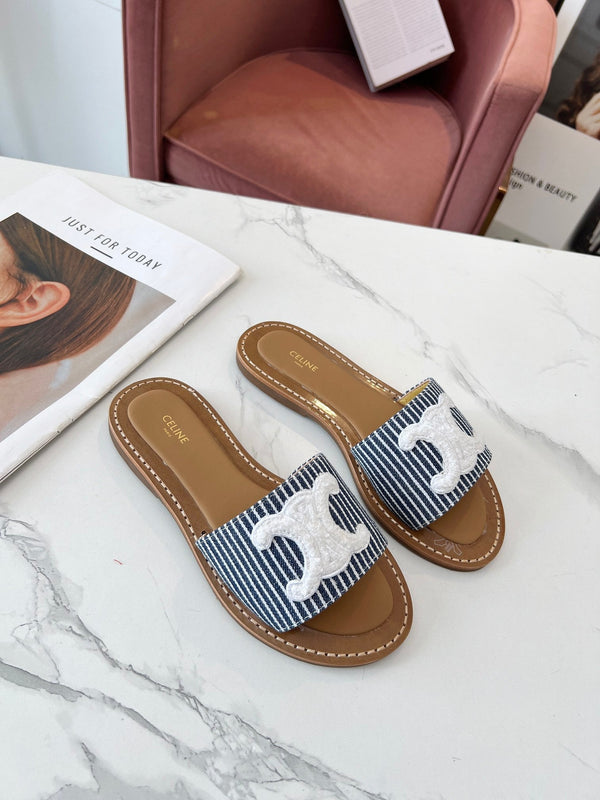 Celine 25C Slippers Navy Blue mix White Fabric with Calfskin 238166