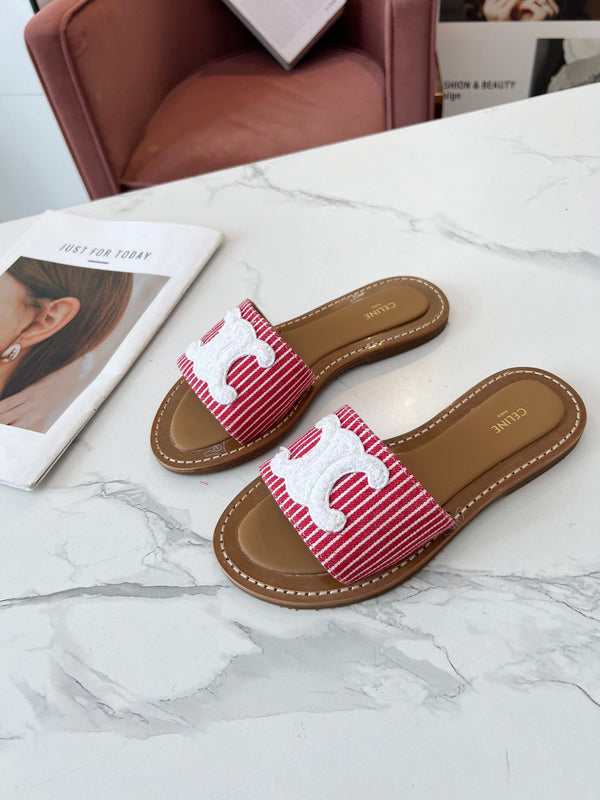 Celine 25C Slippers Red mix White Fabric with Calfskin 238167