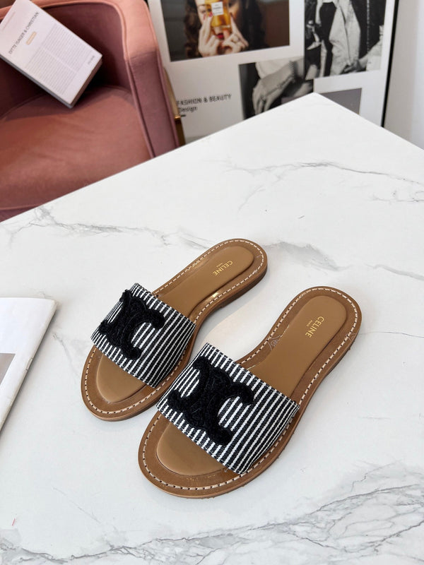 Celine 25C Slippers Black Fabric with Calfskin 238168