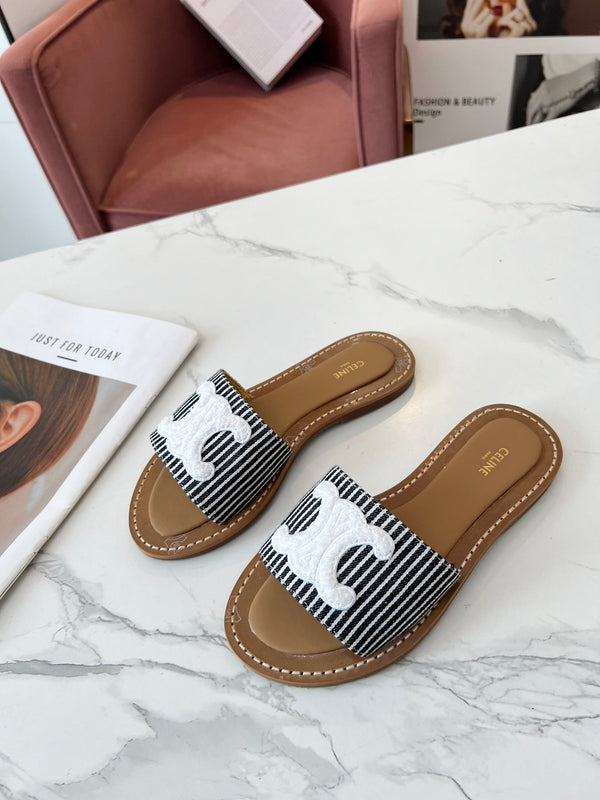 Celine 25C Slippers Black mix White Fabric with Calfskin 238169