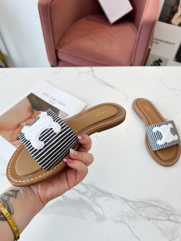 Celine 25C Slippers Black mix White Fabric with Calfskin 238169