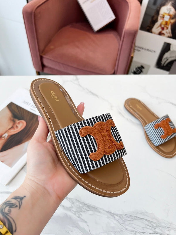 Celine 25C Slippers Black mix Orange Fabric with Calfskin 238170