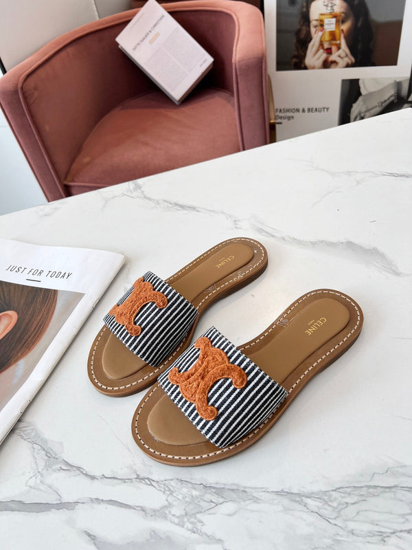 Celine 25C Slippers Black mix Orange Fabric with Calfskin 238170