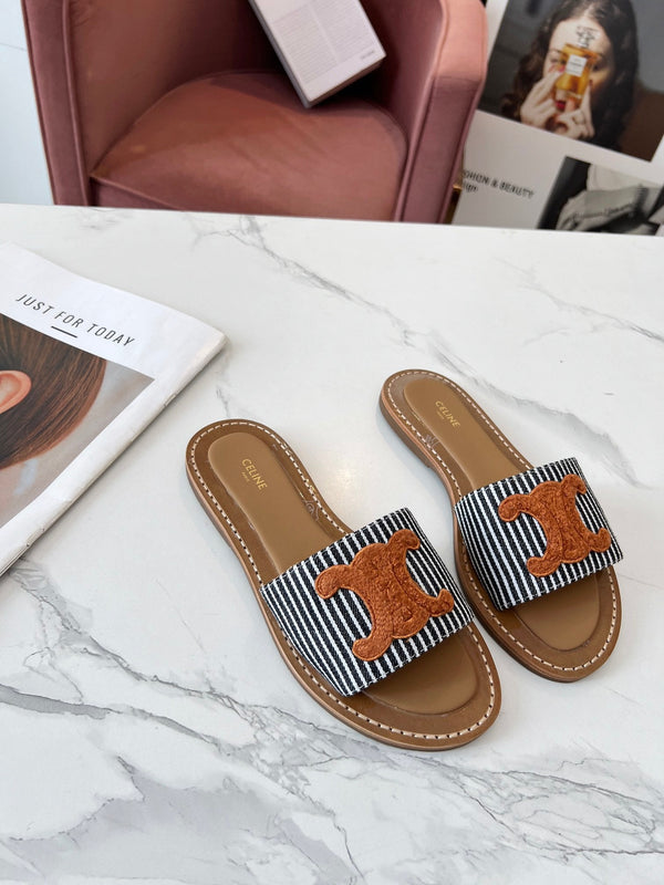 Celine 25C Slippers Black mix Orange Fabric with Calfskin 238170