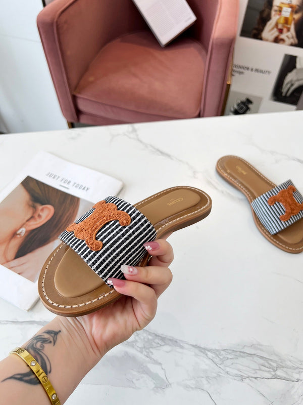 Celine 25C Slippers Black mix Orange Fabric with Calfskin 238170