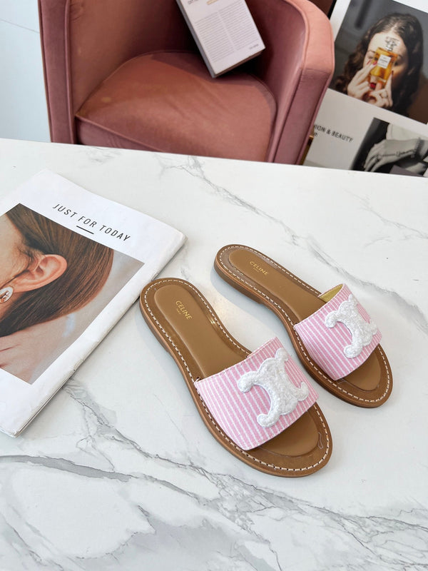 Celine 25C Slippers Pink mix White Fabric with Calfskin 238164