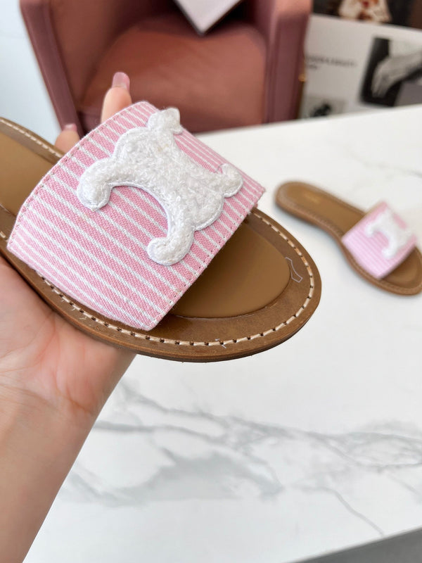 Celine 25C Slippers Pink mix White Fabric with Calfskin 238164