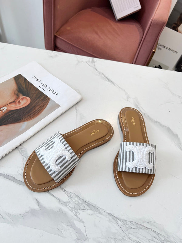 Celine 25C Slippers Gray mix White Fabric with Calfskin 238171