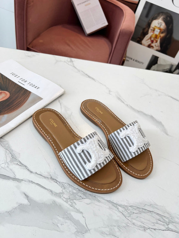 Celine 25C Slippers Gray mix White Fabric with Calfskin 238171