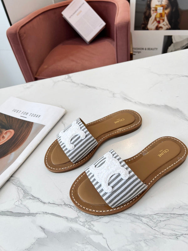 Celine 25C Slippers Gray mix White Fabric with Calfskin 238171