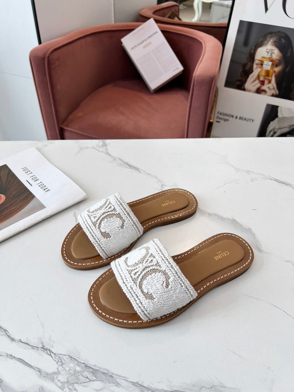 Celine 25C Slippers White Fabric with Calfskin 238157