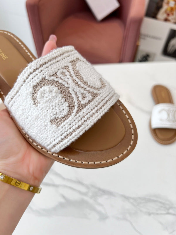 Celine 25C Slippers White Fabric with Calfskin 238157