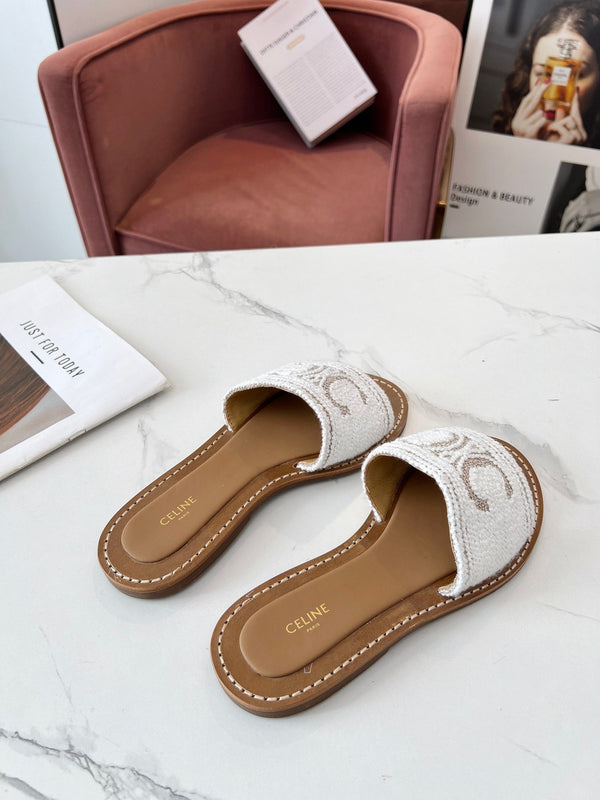 Celine 25C Slippers White Fabric with Calfskin 238157