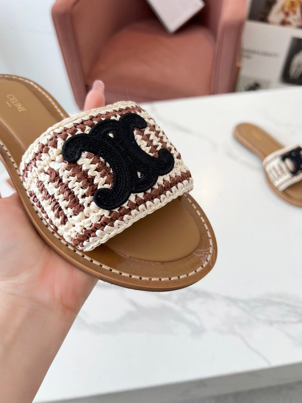 Celine 25C Slippers Beige mix Black Fabric with Calfskin 238158