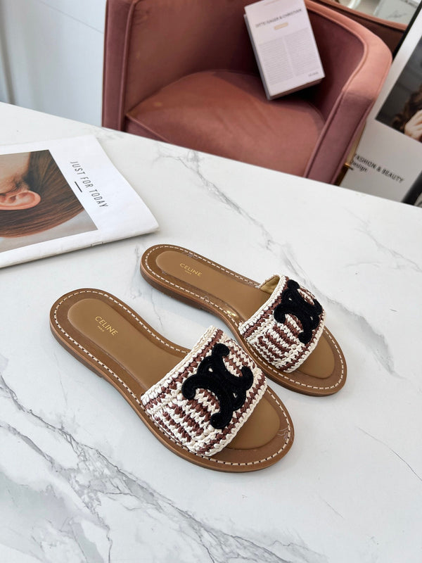 Celine 25C Slippers Beige mix Black Fabric with Calfskin 238158