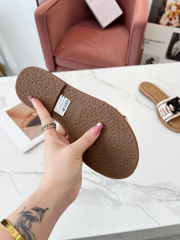 Celine 25C Slippers Beige mix Black Fabric with Calfskin 238158