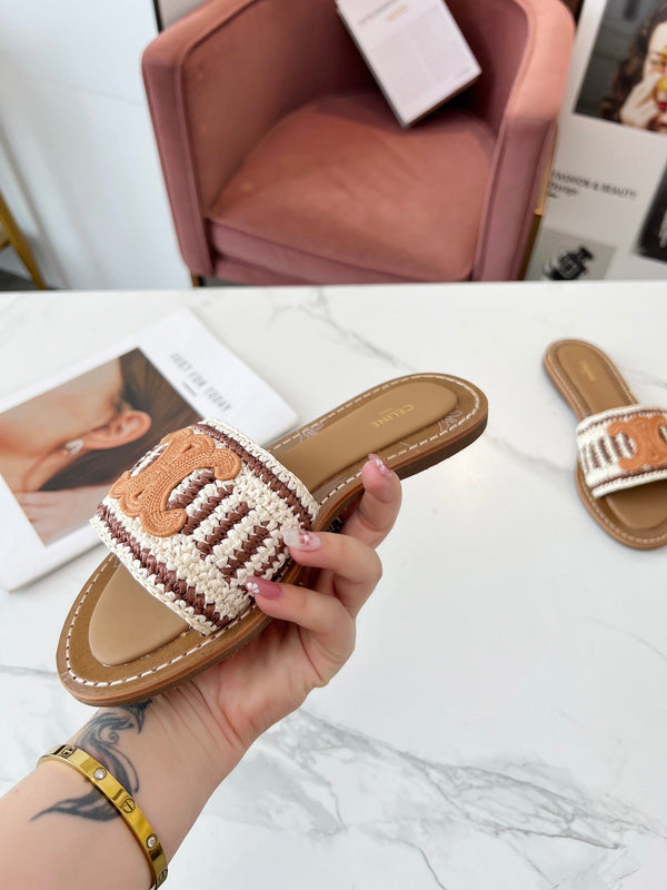 Celine 25C Slippers Beige mix Cantaloupe Fabric with Calfskin 238159