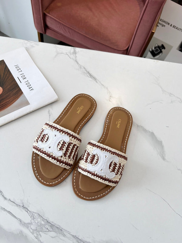 Celine 25C Slippers Beige mix Brown Fabric with Calfskin 238160