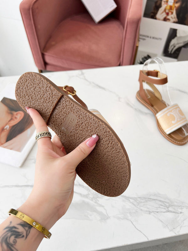 Celine 25C Lympia Sandal Cream with White Canvas with Calfskin 238172