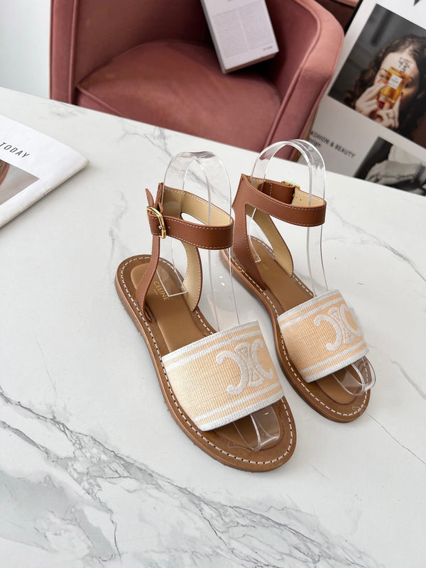 Celine 25C Lympia Sandal Cream with White Canvas with Calfskin 238172