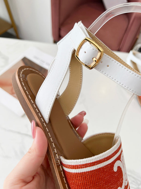 Celine 25C Lympia Sandal Red mix White Canvas with Calfskin 238173