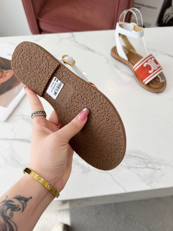 Celine 25C Lympia Sandal Red mix White Canvas with Calfskin 238173