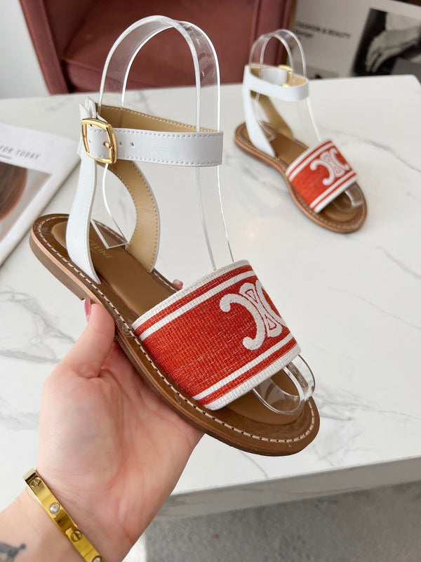 Celine 25C Lympia Sandal Red mix White Canvas with Calfskin 238173