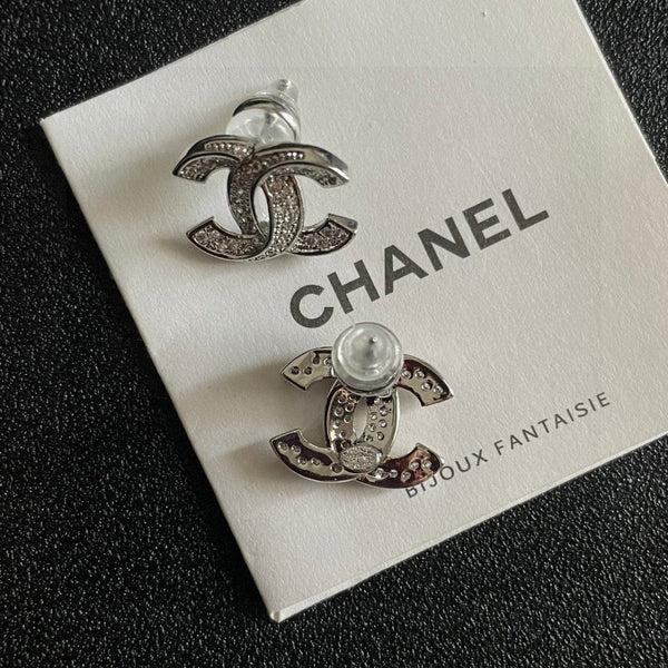 DOUBLE C STUD EARRINGS IN SILVER METAL FULLY DIAMOND