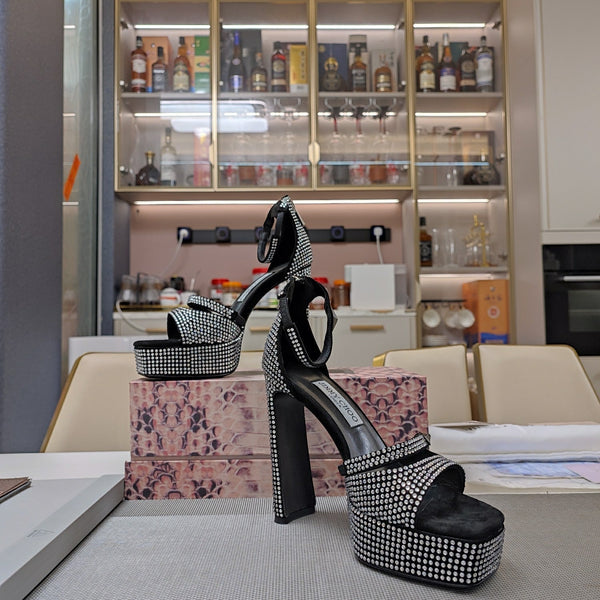 Jimmy 25 Platform Sandal Heels Black Silk Satin 240006