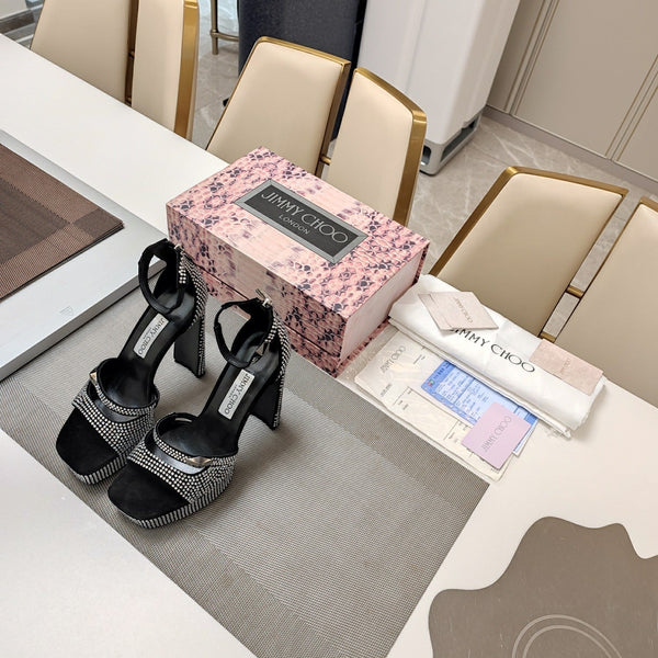 Jimmy 25 Platform Sandal Heels Black Silk Satin 240006