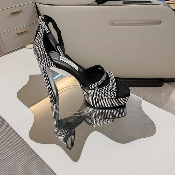 Jimmy 25 Platform Sandal Heels Black Silk Satin 240006